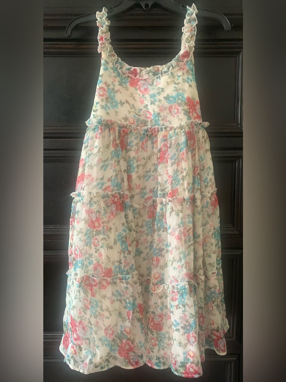 Pippa & Julie Floral Ruffled Tiered Dress in Cream, Pink and Blue